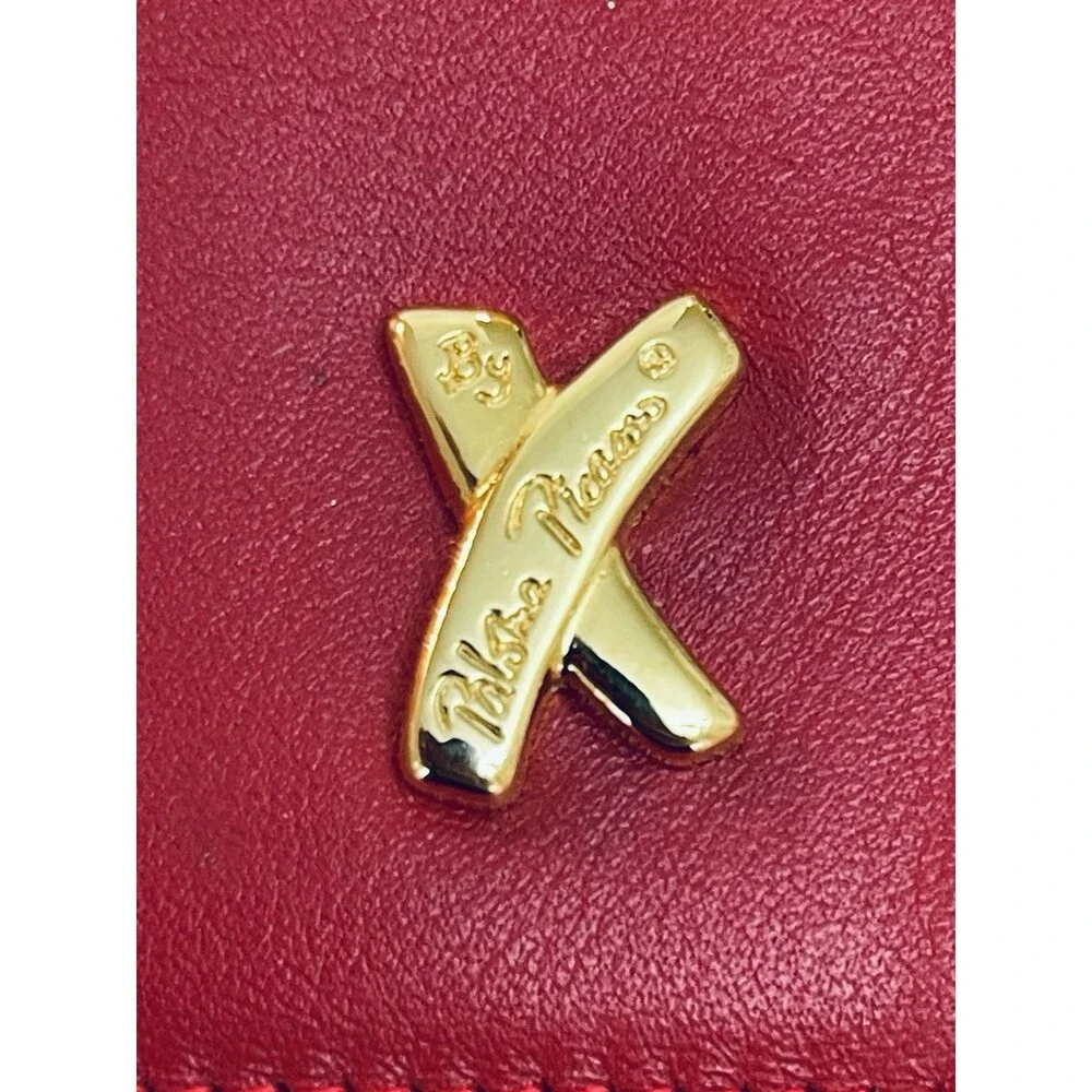 VTG Paloma Picasso Red Leather Trifold Wallet Gold X Logo Kiss Motif Italy